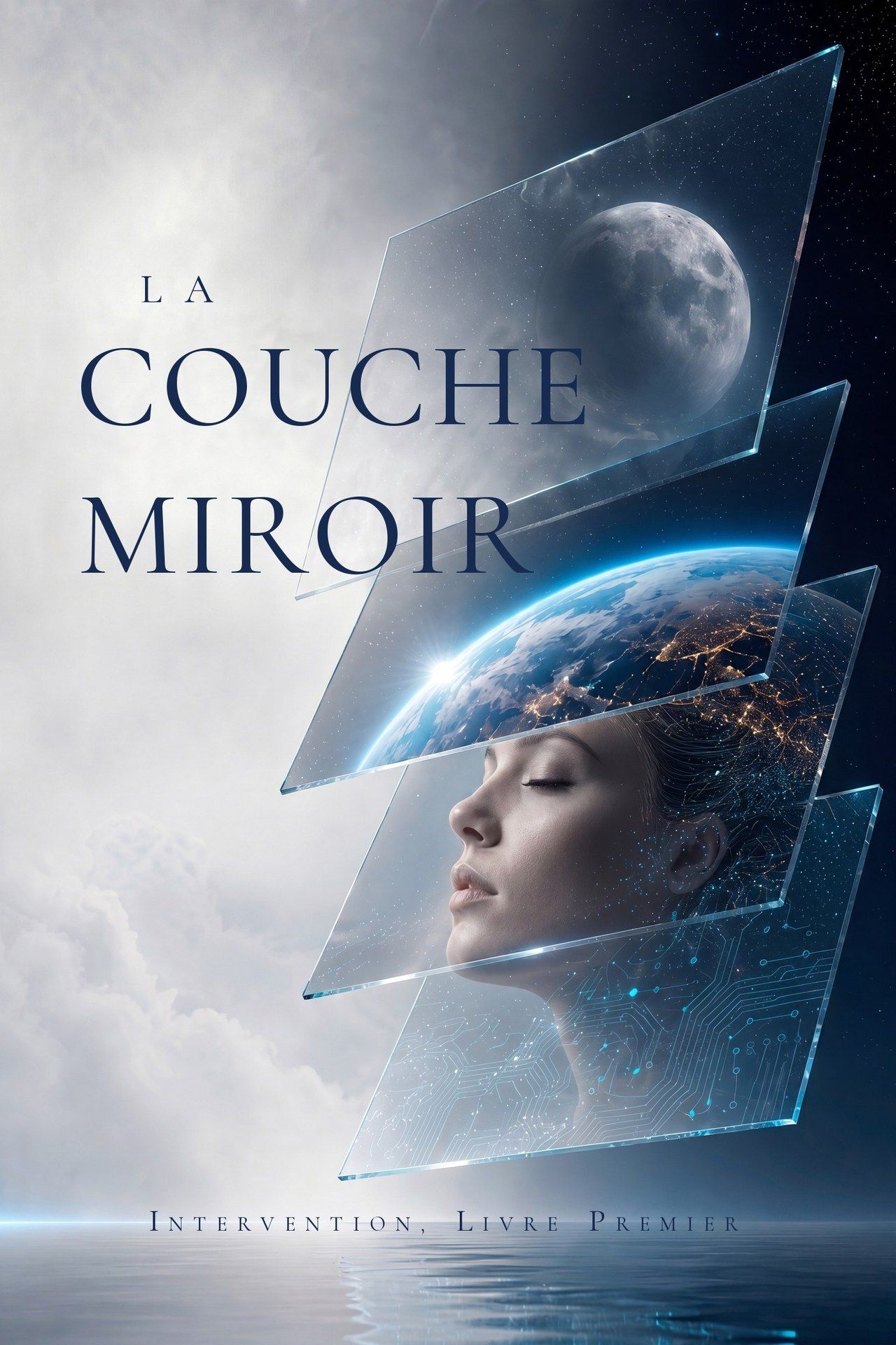 Couverture de La Couche Miroir — des panneaux de verre superposés portant la Lune, la Terre et un visage endormi, au-dessus d'un océan immobile