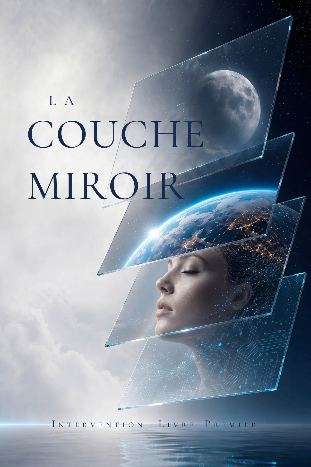 Couverture de La Couche Miroir — des panneaux de verre superposés portant la Lune, la Terre et un visage endormi, au-dessus d'un océan immobile