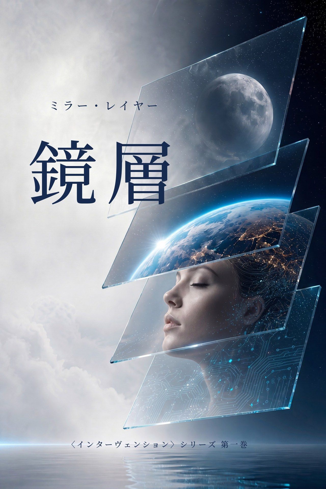 『鏡層 ―― ミラー・レイヤー』の表紙 ―― 静かな海の上に、月と地球と眠る顔を映す積層ガラスのパネル