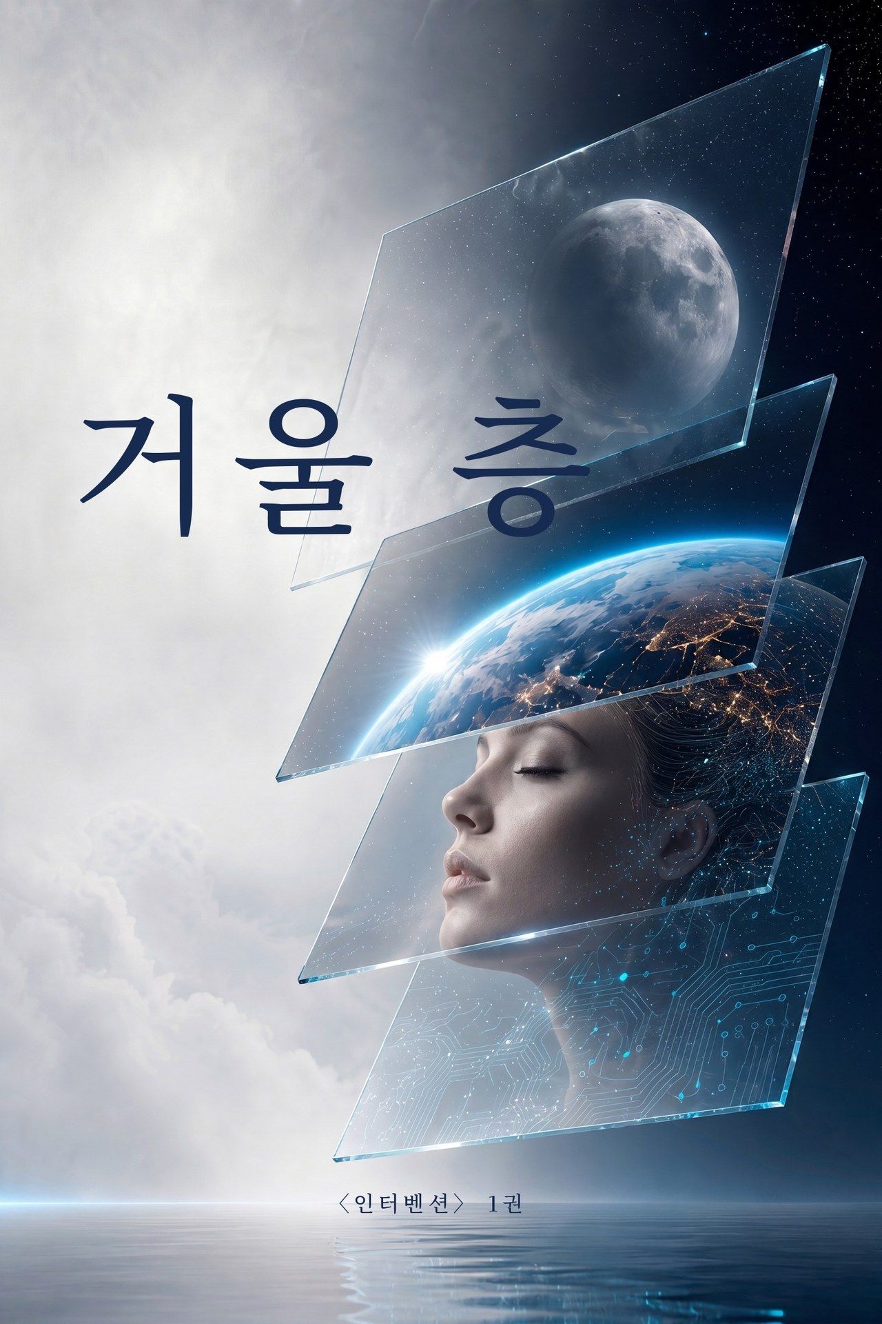 《거울 층》 표지 — 고요한 바다 위, 달과 지구와 잠든 얼굴을 담은 층층의 유리판