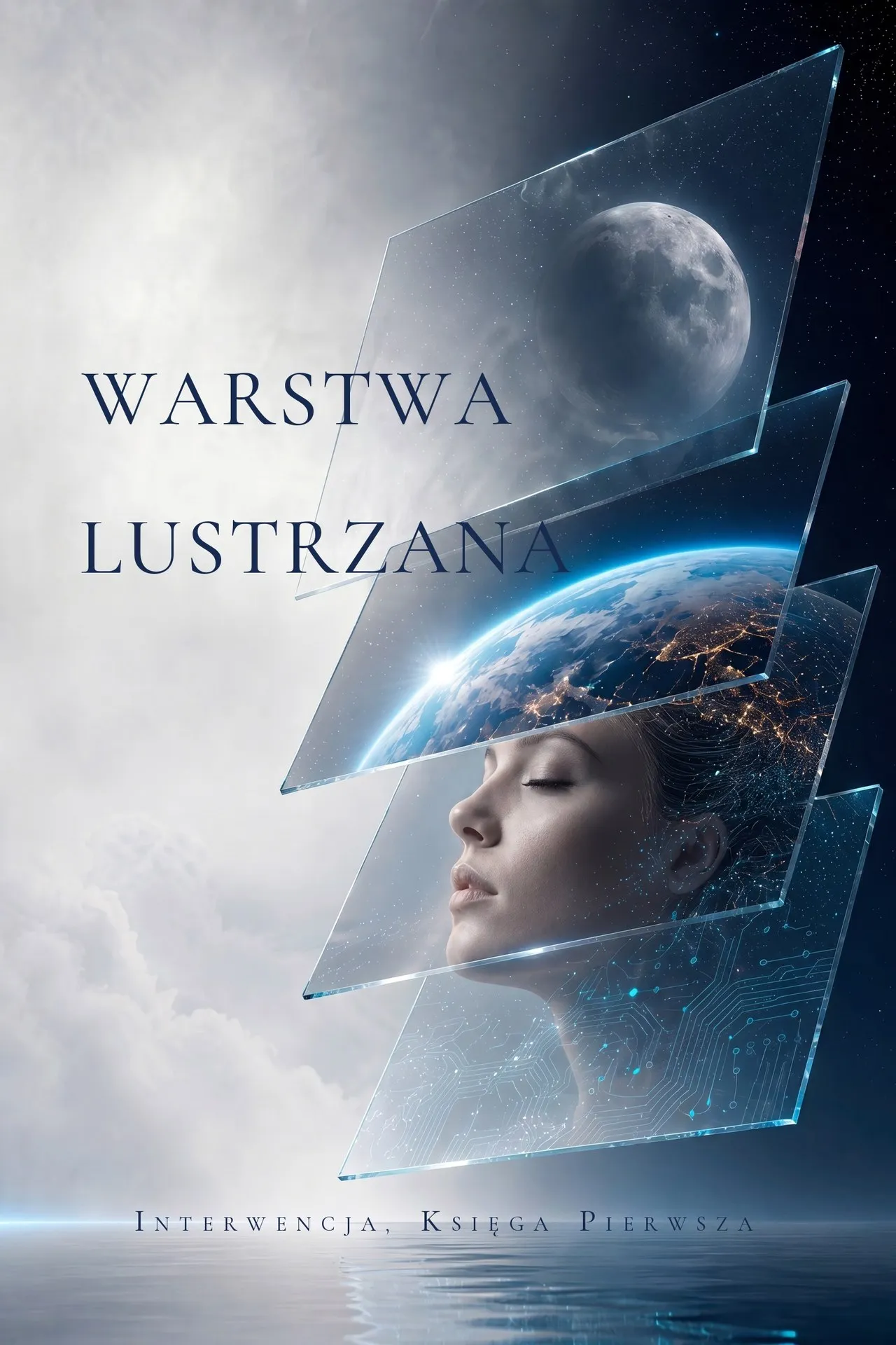 Okładka Warstwy Lustrzanej — nawarstwione tafle szkła z Księżycem, Ziemią i śpiącą twarzą nad nieruchomym oceanem