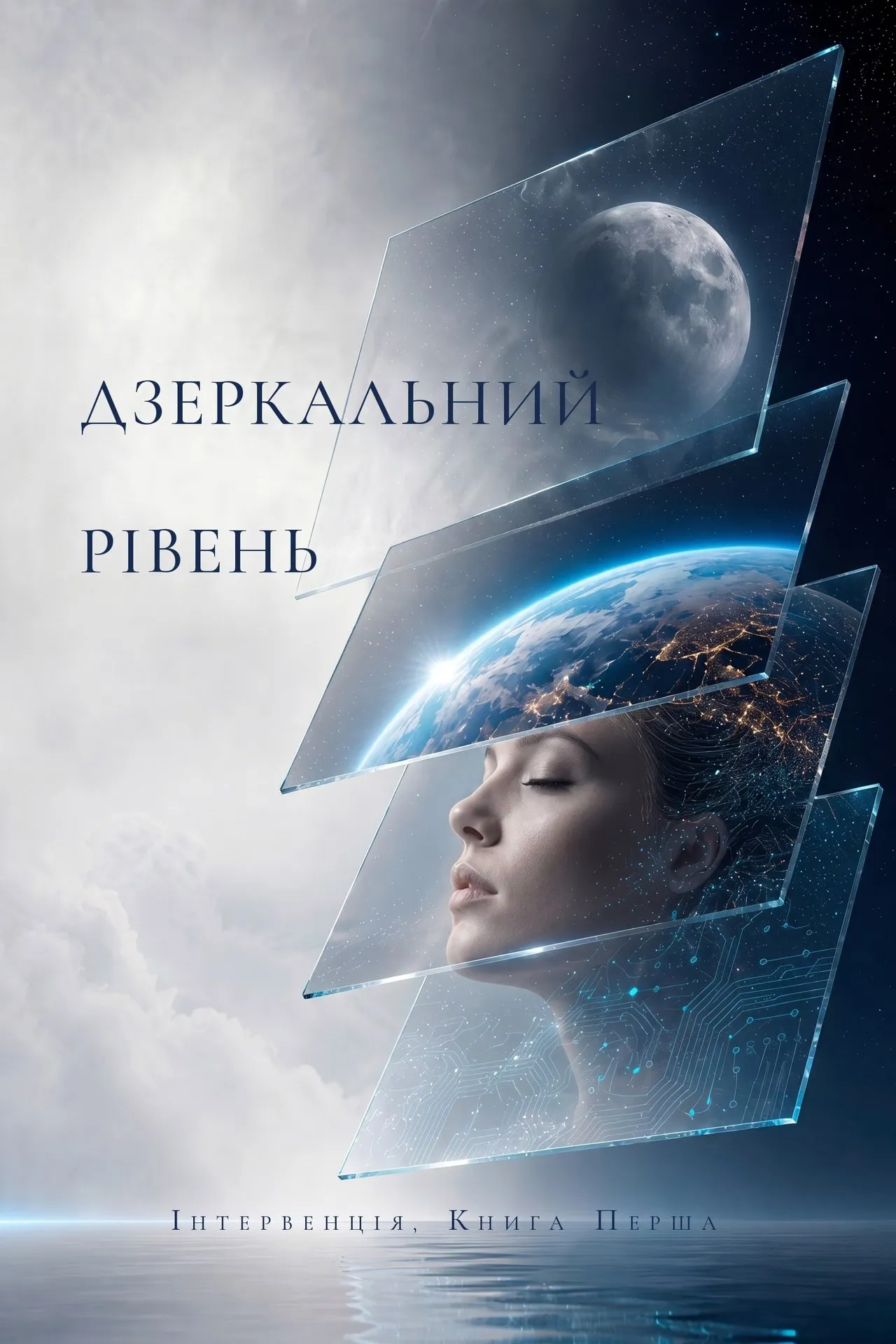 Обкладинка «Дзеркального Рівня» — нашаровані скляні панелі з Місяцем, Землею та обличчям уві сні над нерухомим океаном